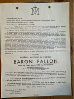 Messire Eugene Baron Fallon Epoux Piers De Raveschoot *1875 Namur +1947 Ostende Koekelare De Gerlache De Waillimont Delw - Todesanzeige