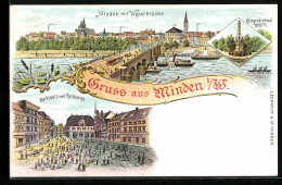 Lithographie Minden I. W., Ortsansicht Mit Weserbrücke, Kriegerdenkmal, Marktplatz  - Minden