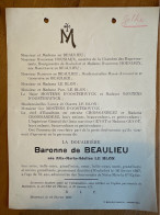 La Douairiere Baronne De Beaulieu Nee Le Blon *1854+1927 Rochefort Monrival Housiaux Montens D’Oosterwyck Croissandeau G - Esquela