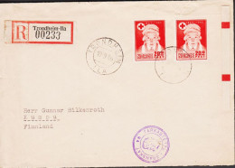 1946. NORGE. Two Ex Red Cross 20+10 On Censored Registered Cover To Kumpu, Finland Cancelled ... (Michel 307) - JF545660 - Briefe U. Dokumente