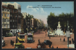 AK Marseille, La Canebière Et Le Monument Des Mobiles, Strassenbahn  - Strassenbahnen