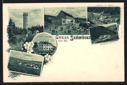 Lithographie Gehlberg, Schneekopf, Schmücke, Gehlberger Mühle, Schloss U. Bahnhof In Oberhof  - Oberhof