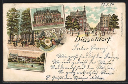 Lithographie Düsseldorf, Elberfelder Strasse, Ständehaus, Hofgarten-Seufzer Allee, Hofgarten-Der Grosse Teich  - Duesseldorf