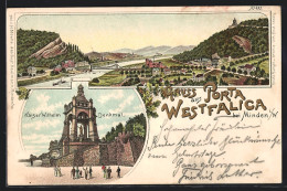 Lithographie Porta Westfalica, Gesamtblick & Kaiser Wilhelm Denkmal  - Porta Westfalica