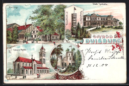 Lithographie Duisburg, Salvator-Kirche, Wasserturm, Städtische Tonhalle  - Duisburg