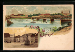 Lithographie Cuestrin / Kostrzyn, Flusspartie Mit Oderbrücke, Marktplatz Mit Rathaus  - Other & Unclassified