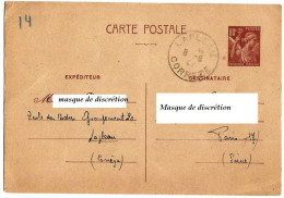 CP - Entier Postal  YT 431-CPS (Iris 80Cts.)  Oblitération Lapleau (Correze) Du 08-09-1941 - Standaardpostkaarten En TSC (Voor 1995)