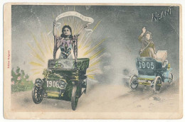 CPA 9 X 14 Année 1906 (3)  "Néant" Vieille Femme Automobile "Bonjour à Tous" Jeune Fille Voiture - Nouvel An