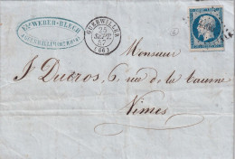 LETTRE. 25 SEPT 57. N° 14. GUEBWILLER. HAUT-RHIN. PC 1466. POUR NIMES - 1849-1876: Période Classique