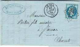 YT N° 29 Empire Dentelé 20c Bleu Sur LAC De LE GUA à JARNAC 17-1-1868 - 1863-1870 Napoleon III Gelauwerd