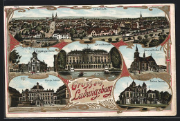 Lithographie Ludwigsburg / Württ., Dreifaltigkeitskirche, Schloss Monrepos, Garnison-Kirche  - Ludwigsburg