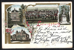 Lithographie Ludwigsburg, Schloss Favorite, Gesamtansicht, Schillerdenkmal  - Ludwigsburg