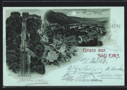 Mondschein-Lithographie Bad Ems, Ortsansicht Mit Dem Hotel Zu Den Vier Thürmen Und Der Neuen Kirche, Malbergbahn  - Bad Ems