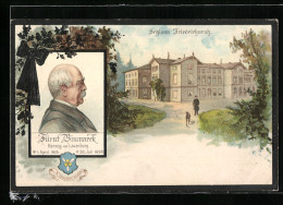 Lithographie Friedrichsruh, Schloss, Fürst Bismarck, Herzog V.Lauenburg, Profilbild, Vers, Wappen  - Historische Persönlichkeiten