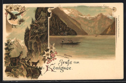 Lithographie Königsee / Berchtesgaden, Ansicht Vom Malerwinkel Gesehen, Gamswild Und Adler In Den Bergen  - Berchtesgaden