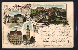 Lithographie Tübingen, Rathaus, Kaiser Wilhelm-Turm, Schlossthor Und Gesamtansicht  - Tuebingen