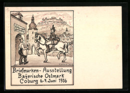 Künstler-AK Coburg, Briefmarken-Ausstellung Bayerische Ostmark 1936, Postillon Am Gasthaus  - Timbres (représentations)