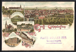 Lithographie Göppingen, Schloss, Sauerbrunnen, Latein- & Realschule  - Göppingen