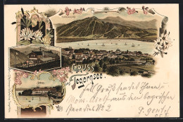 Lithographie Tegernsee, Schloss, Hirschberghaus, Boote  - Tegernsee