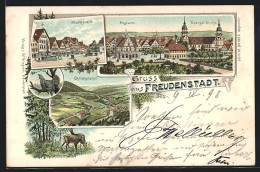 Lithographie Freudenstadt, Postamt Und Evangelische Kirche, Marktplatz, Christophsthal  - Freudenstadt