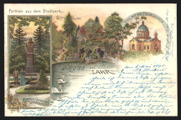 Lithographie Lahr / Baden, Christuskirche Im Stadtpark, Grotte Und Pavillon, Eichrodt-Denkmal  - Lahr