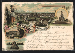 Lithographie Traunstein, Ortspanorama, Luitpold-Brunnen, Traunstein, Frau In Tracht Mit Sichel  - Traunstein