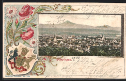 Passepartout-Lithographie Göppingen, Gesamtansicht Aus Der Vogelschau, Blumen Und Stadtwappen  - Andere & Zonder Classificatie