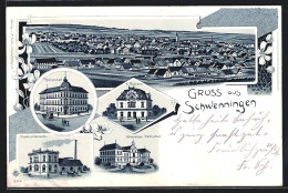 Lithographie Schwenningen / Villingen, Elektrizitätswerk, Realanstalt, Uhrmacher-Fachschule  - Villingen - Schwenningen