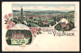 Lithographie Villingen / Baden, Das Waldhotel, Das Kriegerdenkmal, Gesamtansicht Mit Aussichtsturm  - Baden-Baden