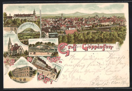 Lithographie Göppingen, Schloss, Hohenstaufen, Oberhoven-Kirche, Sauerbrunnen, Latein- Und Realschule, Heilanstalt  - Goeppingen