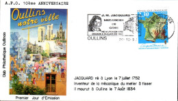 1 ER JOUR FLAMME JACQUARD MECANICIEN à OULLINS 1990 - Maschinenstempel (Werbestempel)