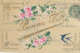 BONNE FETE / Carte Celluloid Peinte / Hirondelle - Petites Fleurs Roses - Other & Unclassified