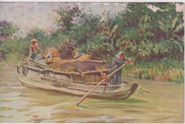 VIETNAM. Artist Signed Artcard,   La COCHINCHINE Par L Frequenez - Barque De Charhonnier - Viêt-Nam