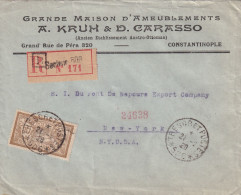 LETTRE. 21 2 1920. TRESOR ET POSTES 506. RECOMMANDE CONSTANTINOPLE. A.KRUH &D.CARASSO POUR NEW YORK - Storia Postale