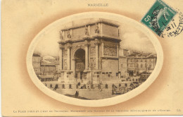 CPA - MARSEILLE - PLACE D'AIX ET ARC DE TRIOMPHE (BELLE CARTE EN MEDAILLON - 1914) - Monuments