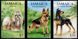 Jamaica 1999, Hunde/Chiens/Dogs: Shih-Tzu, German Shepherd Dog/Berger Allemand, Doberman, MiNr. 932-934 - Perros