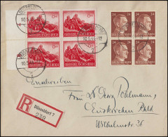 877 Wehrmacht 8 Pf Rand-Viererblock + 792 Viererblock R-Brief DÜSSELDORF 10.5.44 - Storia Postale