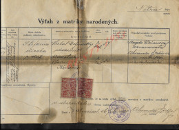 SLOVAQUIE ANCIEN DOCUMENT SUR TIMBRE FISCAUX EXTRAIT DU REGISTRE DES NAISSANCES CZECH REPUBLIK NITRA OKRES TOPOLCANY : - Altri & Non Classificati