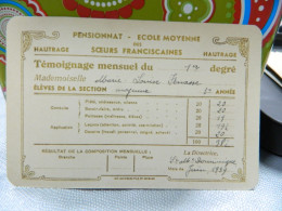 HAUTRAGE: TEMOIGNAGE MENSUEL DU PENSIONNAT ECOLE MOYENNE DES SOEURS FRANCISCAINES  DE MARIE LOUISE FENASSE EN 1959 - Diploma & School Reports