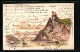 Lithographie Loreley Mit Harfe Auf Dem Felsen Am Rhein Sitzend  - Fairy Tales, Popular Stories & Legends