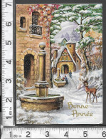 CARTE POP-UP MI / H668 BONNE ANNEE / UN VILLAGE AVEC PERSONNAGES SOUS LA NEIGE , FAON, ABREUVOIR / BRILLANTS COLLES - New Year