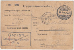 Carte En Franchise Militaire Allemande Pour PG Français Du Camp De CHEMNITZ-EBERSDHORF (Saxe) Du 12.5.16 - WW I