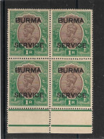 BURMA 1937 OFFICIAL 1R BLOCK OF 4 SG O11 UNMOUNTED MINT Cat £180 - Birma (...-1947)