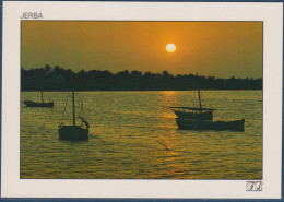 Djerba, Jerba Tunisie, Coucher Du Soleil Sur Le Port De Houmt Souk, Bateaux à L'ancre, Avec Timbre Non Oblitéré - Tunisia