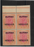 BURMA 1937 OFFICIAL 2R BLOCK OF 4 INVERTED WMK SG O12W MINT NEVER HINGED Cat £240 - Birma (...-1947)