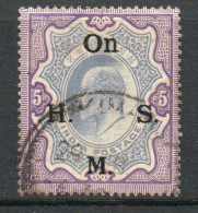 India KEVII 1909 5 Rupees Ultramarine & Violet, Wmk. Star, On HMS Official, Used, SG O69 (E) - 1902-11  Edward VII