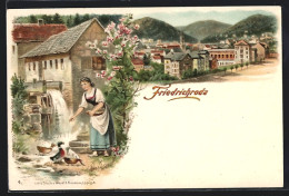 Lithographie Friedrichroda, Ortsansicht, Bäuerin Füttert Enten An Der Schauenburgmühle  - Friedrichroda