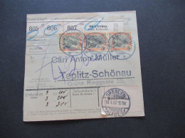 DR 1907 Germania Nr.88 I (3) MeF Senkr. 3er Streifen Auf Auslands-Paketkarte Für 3 Pakete Oberfrohna - Teplitz Schönau - Cartas & Documentos