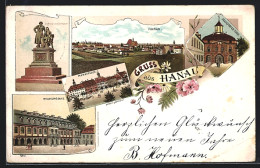 Lithographie Hanau, Wilhelmsbad, Marktplatz, Frankfurter Thor  - Hanau