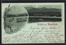 Mondschein-Lithographie Rosenheim, Bootsfahrt Auf Dem Inn, Ortsansicht Gegen Die Alpen  - Rosenheim